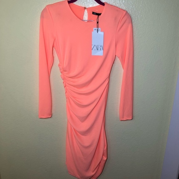 Zara Mini Draped Long Sleeve Dress Neon Orange Size XS - Picture 3 of 9